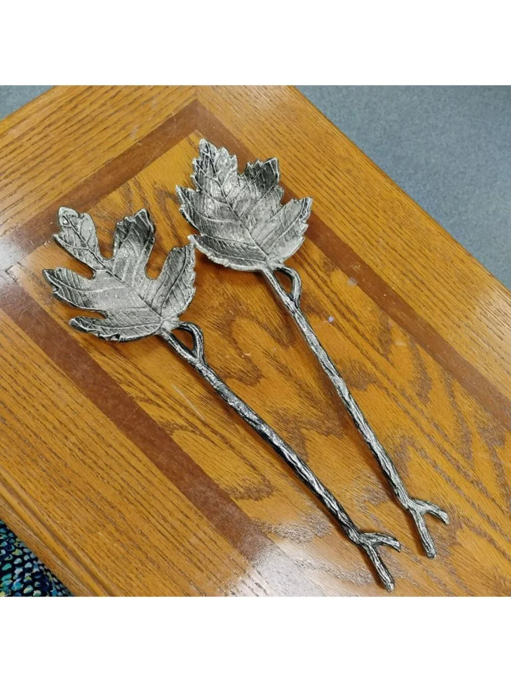 Vintage Cast Aluminum Leaf & Twig Salad Servers, Silver Tone Metal Botanical Set